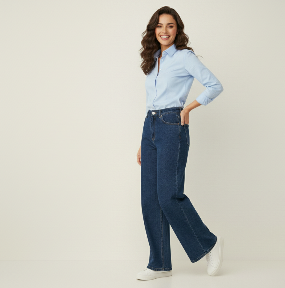 Navy Blue  Straight Wide-Leg Jeans