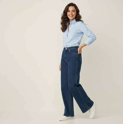 Navy Blue  Straight Wide-Leg Jeans
