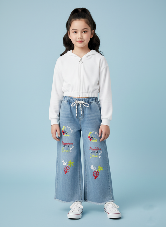Kids Light Blue Embroidered Wide-Leg Jeans