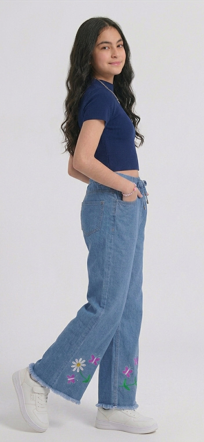 Teen  Bottom Embroidered Wide-Leg Jeans