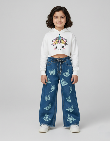 Kids  light Blue butterfly Printed Jeans