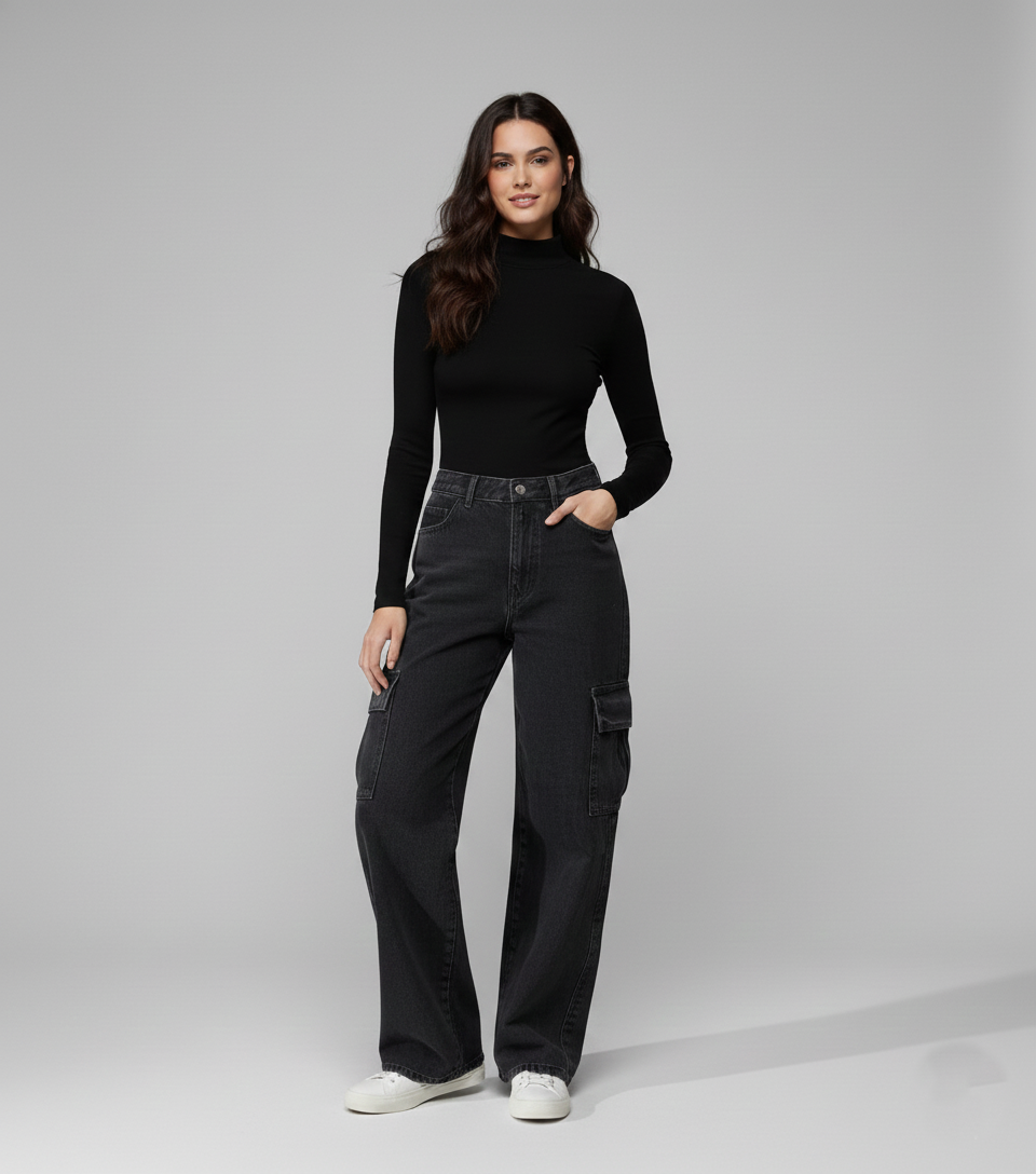 Athen Styles –Charcoal Grey Wide-Leg Cargo Jeans