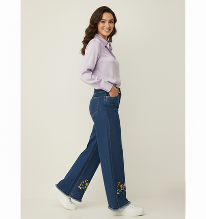 Navy Blue Bottom Embroidered Wide-Leg Jeans