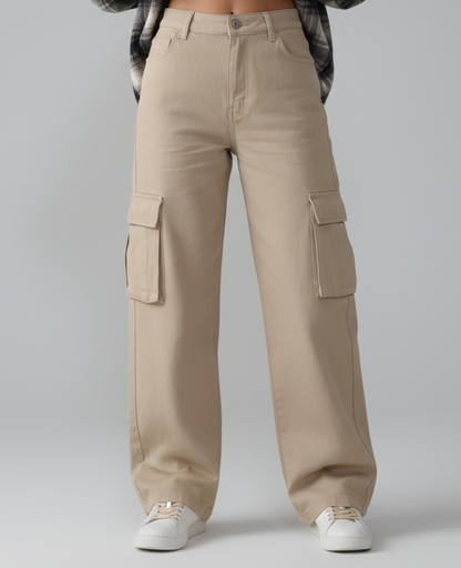 Athen Styles - Beige /Khaki  Wide-Leg Cargo Jeans