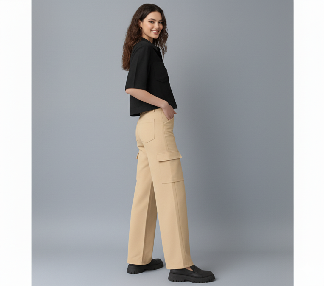 Athen Styles –Skin/Beige Wide-Leg Cargo Jeans
