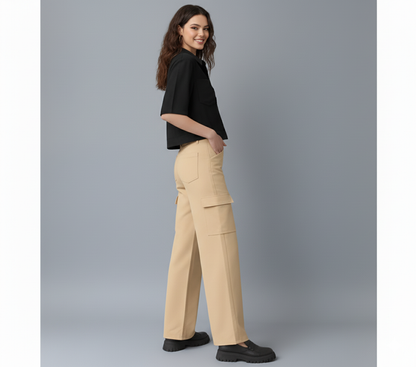 Athen Styles –Skin/Beige Wide-Leg Cargo Jeans