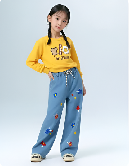 Kids Light Blue Embroidered Wide-Leg Jeans