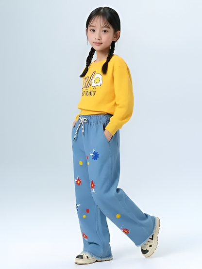 Kids Light Blue Embroidered Wide-Leg Jeans
