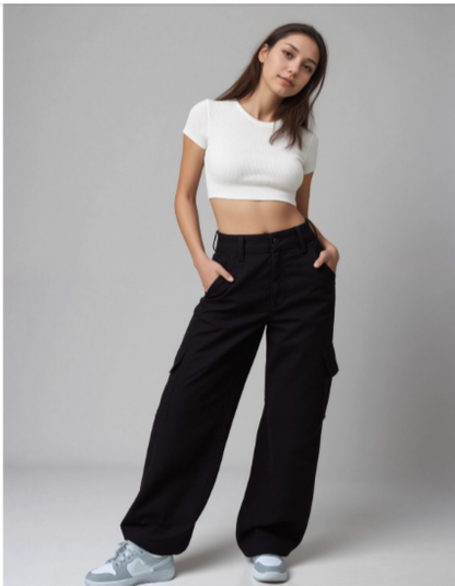 Athen Styles – Pure Black Cargo Wide-Leg Jeans