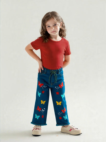 Kids Light Blue Embroidered Wide-Leg Jeans