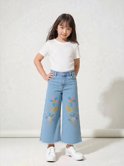 Kids Light Blue Embroidered Wide-Leg Jeans