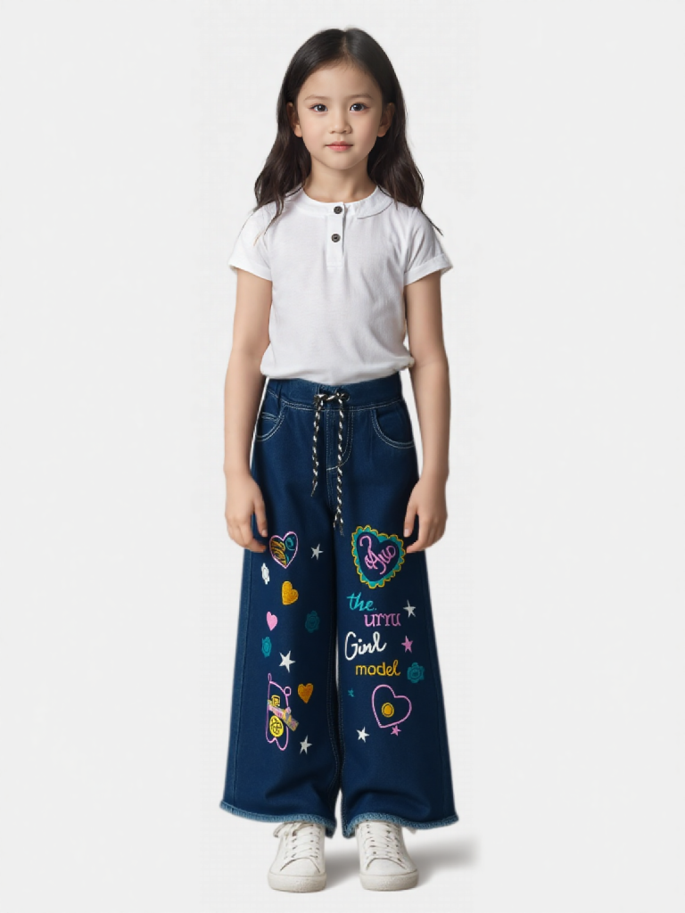 Kids Multicolor Embroidered Wide-Leg Jeans with Graphic Prints