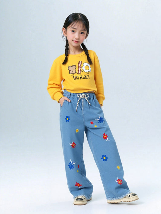 Kids Light Blue Embroidered Wide-Leg Jeans