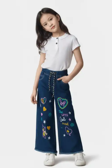 Kids Multicolor Embroidered Wide-Leg Jeans with Graphic Prints