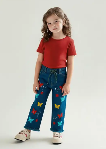 Kids Light Blue Embroidered Wide-Leg Jeans