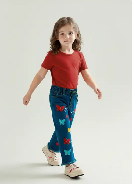 Kids Light Blue Embroidered Wide-Leg Jeans