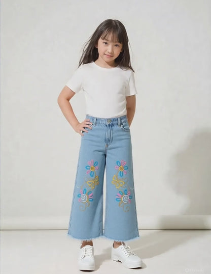 Kids Light Blue Embroidered Wide-Leg Jeans